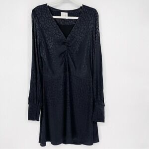 Fresha London Satin Jacquard Leopard Animal Print Long Sleeve V Neck Mini Dress